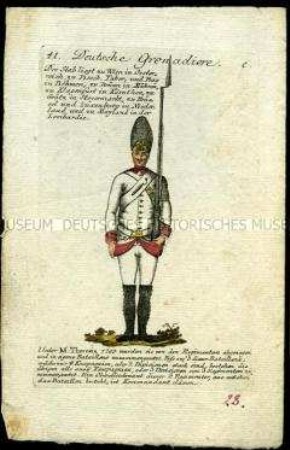 Uniformdarstellung, Gemeiner der Deutschen Grenadiere, Österreich, 1796. Tafel aus: Geschichte und bildliche Vorstellung der Regimenter des Erzhauses Österreich.
