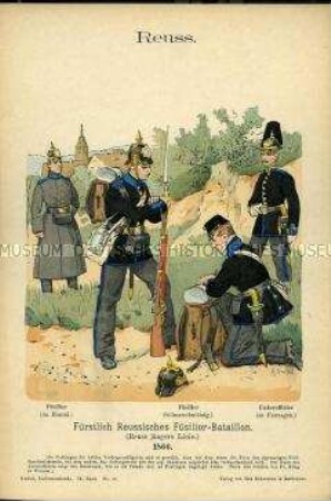 Uniformdarstellung, Gemeine und Unteroffizier des Füsilier-Bataillons, Fürstentum Reuß, 1866.