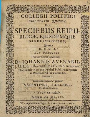 De Speciebus Reipublicae, Ejusdemque Digressionibus