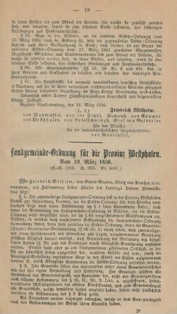 Landgemeinde-Ordnung für die Proviunz Westphalen. Vom 19. März 1856.