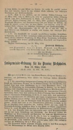 Landgemeinde-Ordnung für die Proviunz Westphalen. Vom 19. März 1856.
