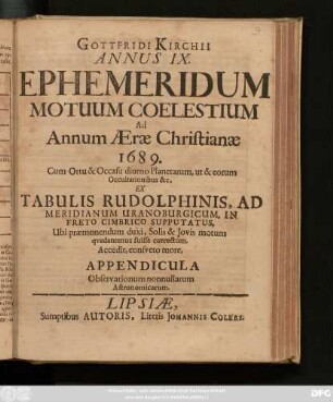 9: Accedit, consueto more, Appendicula Observationum nonnullarum Astronomicarum