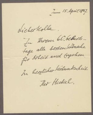 Brief von Erich Heckel an Georg Kolbe