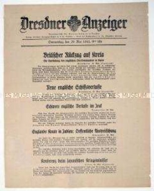 Nachrichtenblatt "Dresdner Anzeiger" u.a. zum Rückzug britischer Truppen auf Kreta