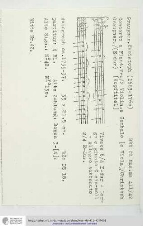 Concerto a Flaut. Tr: / 2 Violin. e Cembalo [e Viola] / Christph Graupner.