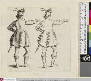 [Zwei Darstellungen eines türkischen Soldaten als Rückenfigur nebeneinander, ausgeführt und als Strichzeichnung; Deux figures...]
