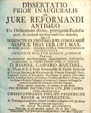 Dissertatio Prior Inauguralis De Jure Reformandi Antiquo Ex Ordinatione divina, primigeniâ Ecclesiæ praxi, & continuâ ejusdem traditione deducto