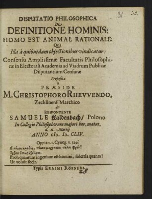 Disputatio Philosophica De Definitione Hominis: Homo Est Animal Rationale