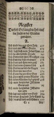 Register Dieses Gesangbuchs/ auf die Zahlen der Blätter gerichtet.