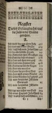 Register Dieses Gesangbuchs/ auf die Zahlen der Blätter gerichtet.