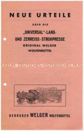 Kundengutachten über die Universal-Lang- und Zerreißstrohpresse der Firma Welger