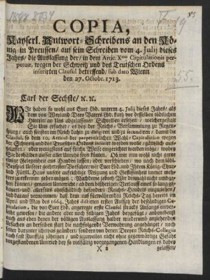 Copia, Kayserl. Antwort-Schreibens an den König in Preussen ...