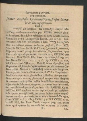 Sectionem Tertiam, quae continet, praeter Analysin Grammaticam, sensus literalis ac veri inquisitionem.