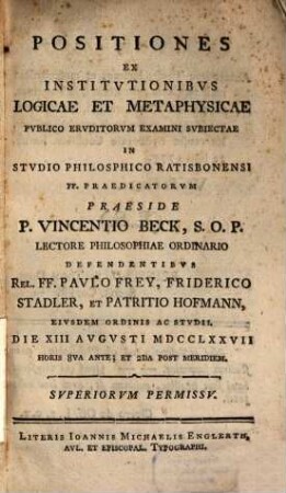 Positiones Ex Institvtionibvs Logicae Et Metaphysicae