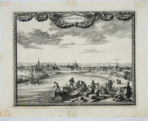Stadtansicht von Dresden, Blick von Osten über die Elbe auf Altstadt und Neustadt, im Vordergrund Boote und Staffagefiguren