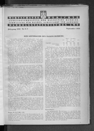Handelsstatistisches Amt: Wirtschaftsberichte der Verwaltung für Handel, Schiffahrt und Gewerbe der Hansestadt Hamburg, September 1938