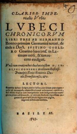 Clariss. Imperialis Urbis Lubeci Chronicorum libri tres
