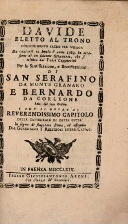 Davide eletto al trono : Componimento sacro per musica
