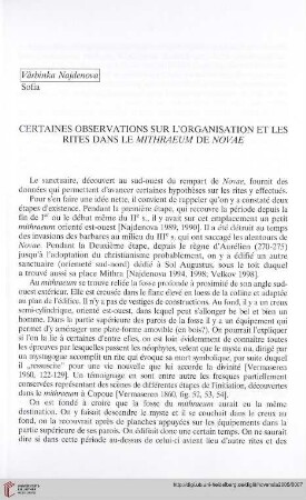 16: Certaines observations sur l'organisation et les rites dans le Mithraeum de Novae