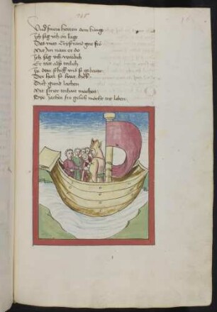 Tristrant in Verkleidung eines Narren auf dem Schiff des Kaufmanns aus Tintaniol