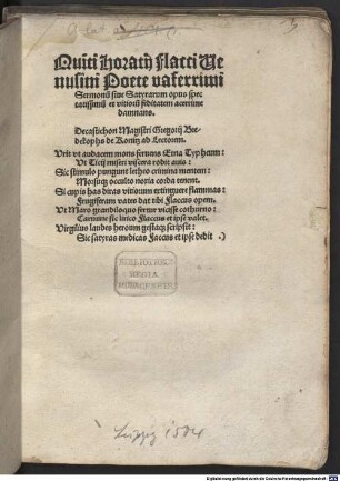 Quinti Horatii Flacci Venusini Poete vaferrimi Sermonum sive Satyrarum opus spectatissimum