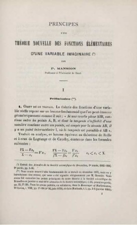 PRINCIPES D'UNE THÉORIE NOUVELLE DES FUNCTIONS ÉLÉMENTAIRES D'UNE VARIABLE IMAGINAIRE.