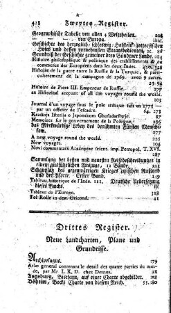 Drittes Register. Neue Landcharten, Plane und Grundrisse.