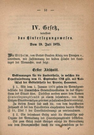 IV. Gesetz, betreffend das Hinterlegungswesen. Vom 19. Juli 1875.