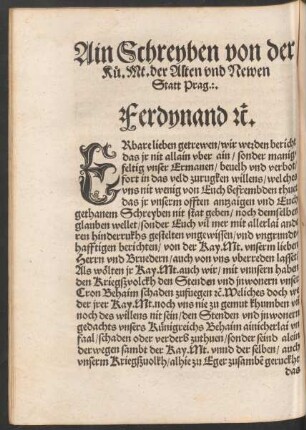 Ain Schreyben von der Kü. Mt. der Alten und Newen Statt Prag.