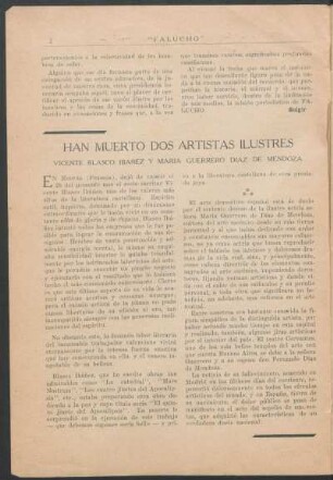 Han muerto dos artistas ilustres : Vicente Blasco Ibáñez y María Guerrero Díaz de Mendoza