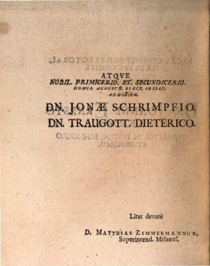 Matthiae Zimmermanni, SS. Theol. Doct. Past. Et Superintend. Misenens. Florilegium Philologico-Historicum : Aliquot myriadum Titulorum, Cum Optimis Authoribus, qvi de qvavis Materia scripserunt, qvarum praecipuae curiose & ex professo tractantur, Adhibita re Nummaria & Gemmaria, Praemittitur Diatriba De Eruditione Eleganti Comparanda, 2