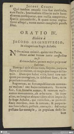 Oration IV. Habita à Jacobo Groenewegio, in vituperium Regis Achabi