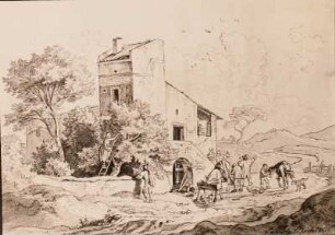 Bäuerliches Treiben vor italienischem Landhaus in Landschaft