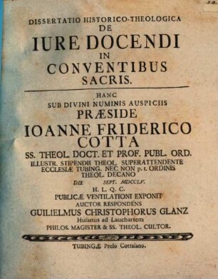 Dissertatio Historico-Theologica De Iure Docendi In Conventibus Sacris