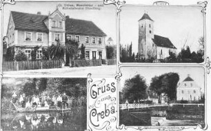 Kreba-Neudorf-Kreba. Gräflich von Einsiedelsche Verwaltung (Rentamt) mit Hammerwehr, Ansichtskarte (unten rechts), um 1920, Repro (RA Görlitz, Postkartensammlung)