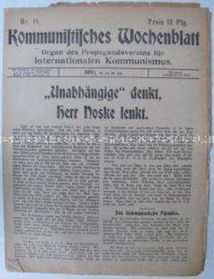 "Kommunistisches Wochenblatt" u.a. zum Verhältnis von KPD, SPD und USPD