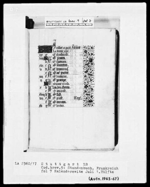 Lateinisch-französisches Stundenbuch (Livre d'heures) — KL-Ligatur und Teilbordüre, Folio 7recto