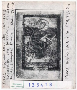 Paris, Bibliothèque Nationale: Nouv. Acq. lat. 1203 (Godescalc-Evangelistar), fol. 1v, Evangelist Markus