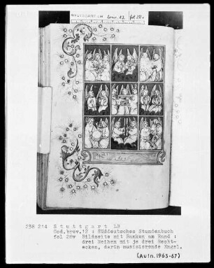 Deutsches Gebetbuch (Waldburg-Gebetbuch) — Neun Bildfelder mit musizierenden Engeln, Folio 28verso