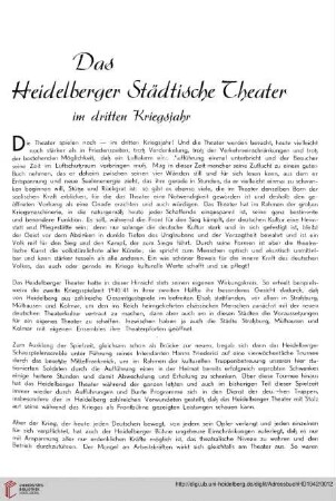Das Heidelberger Städtische Theater im dritten Kriegsjahr