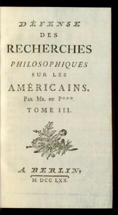 Défense Des Recherches Philosophiques Sur Les Américains