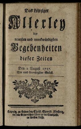 Den 2 August 1757. Ein und dreyßigstes Stück.
