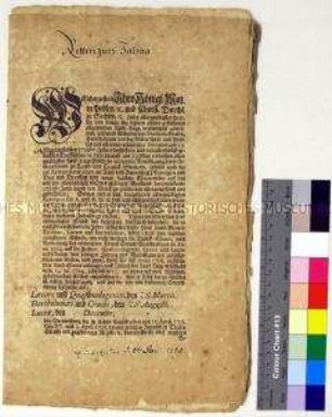 Mandat von Friedrich August I. Kurfürst von Sachsen betreffend die Land-, Getränke-, Pfennig- und Quatembersteuern für das Jahr 1729 im Kreis Meißen