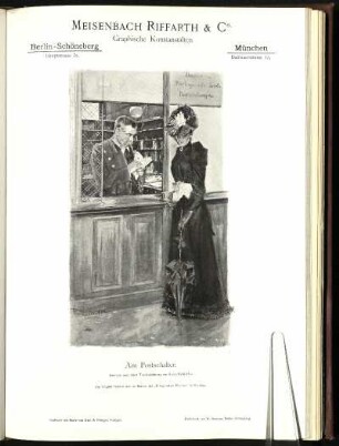Meisenbach Riffarth & Co., Graphische Kunstanstalten. Am Postschalter. Autotypie nach einer Tuschzeichnung von René Reinicke. Das Original befindet sich im Besitze der "Fliegenden Blätter" in München.