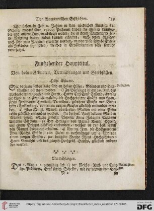 Funfzahnder Haupttitul. Von hohen Geburten, Vermählungen und Sterbfällen