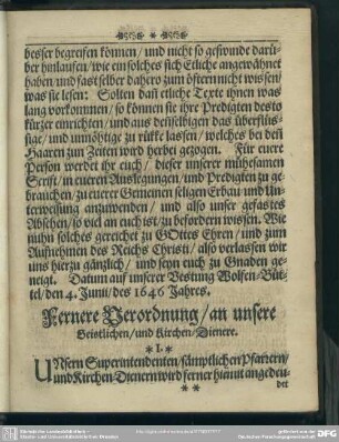 Fernere Verordnung, an unsere Geistlichen, und Kirchen-Diener