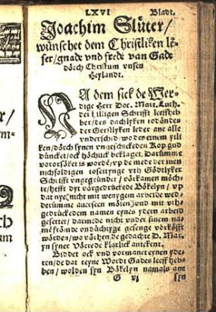 Joachim Slüter wünschet dem Christliken leser / gnade vnd frede van Gade dorch Christum vnsen Heylandt.