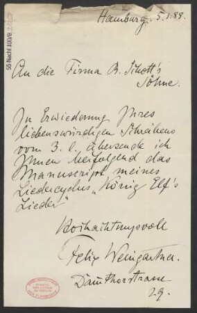 Brief an B. Schott's Söhne : 05.01.1888