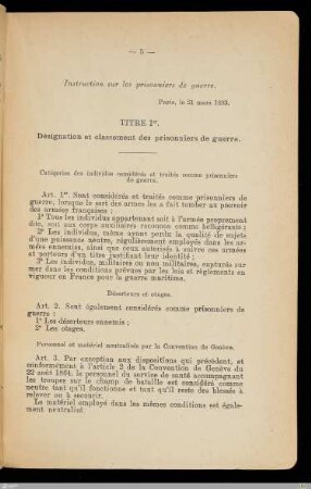 Titre I - Désignation et classement des prisonniers de guerre