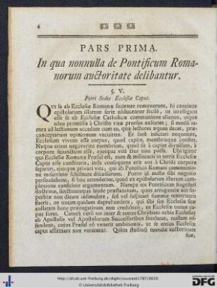 Pars Prima. In qua nonnulla de Pontificum Romanorum auctoritate delibantur.